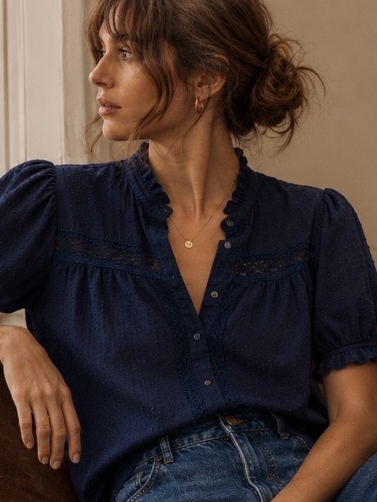 GAP Factory Tops - *SOLD* GAP Relaxed Lace Puff Sleeve Top – 100% cotton - Navy | Medium